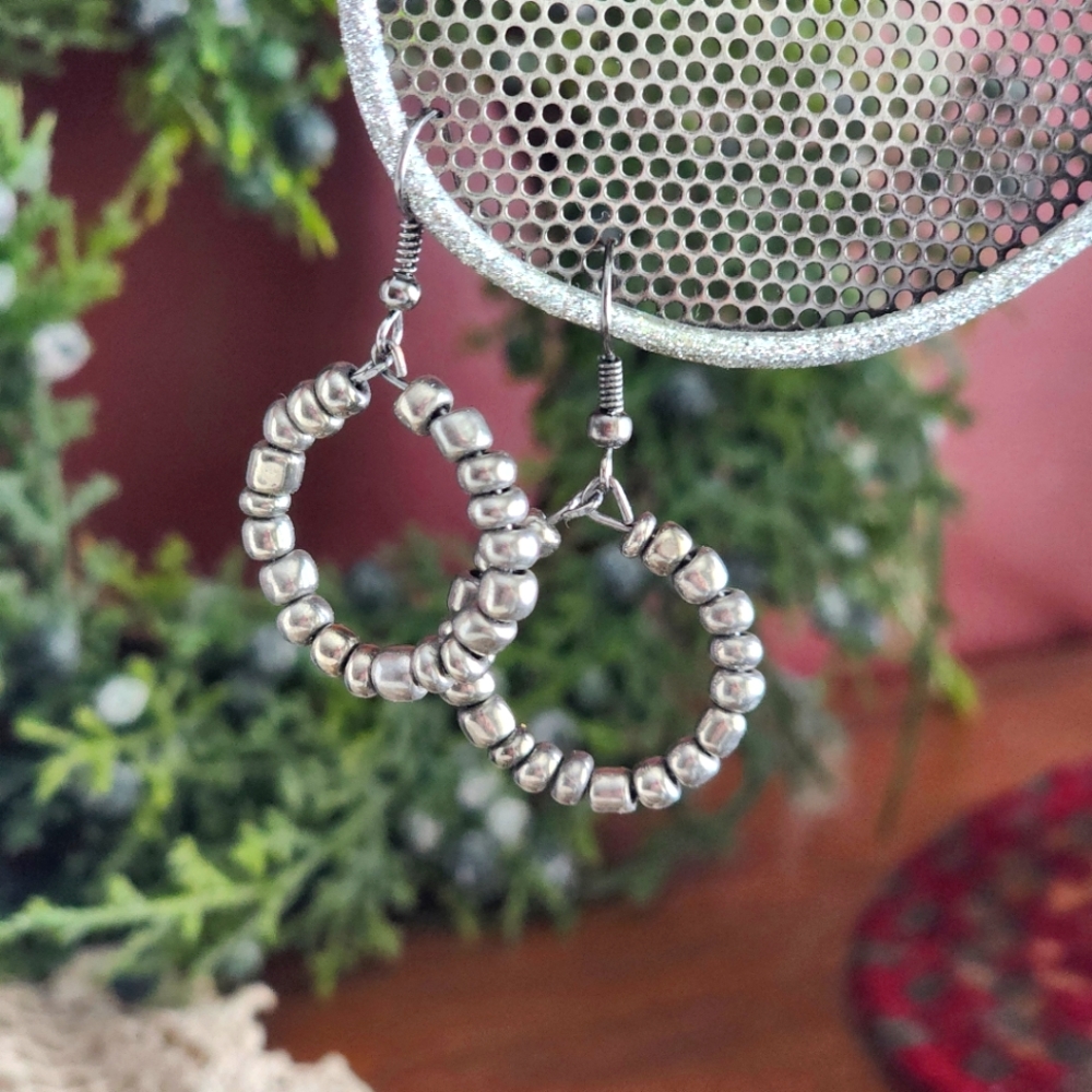 ❤️ Trending Boutique Hoop Dangle Earrings Oxidized Silvertone French Hook